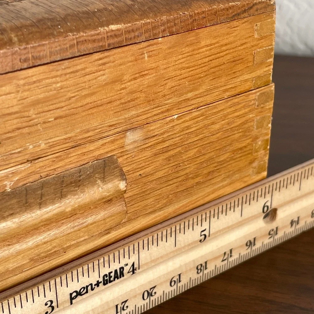 Vintage Hand Carved Engraved Wooden‎ Box Gold Lining Jewelry Trinket Mirror 11x6